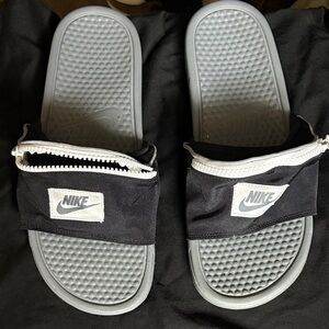 Nike Black and Gray Slides with Zipper Pocket